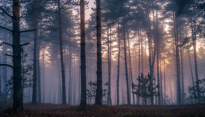 Obraz premium Sunlight Filtering Through Foggy Pine Forest at Dawn