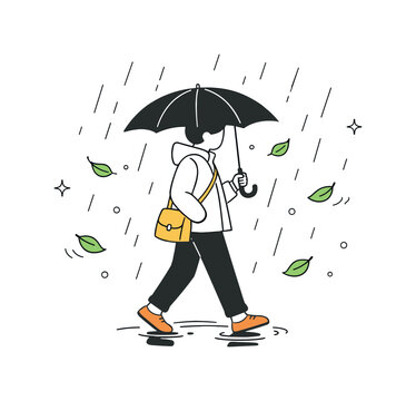 Spring Rain Stroll. Rainy spring day. A person walking under an umbrella with light rain falling and small spring leaves floating around. Calm reflective mood,