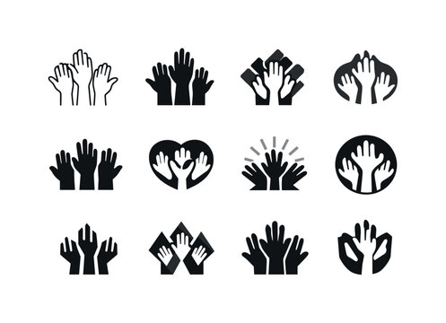 Human Rights Emblems. Human rights symbol. Icon set. Set Logo of human rights symbol: raised helping hands. harmonious logo variations of the same emblematic