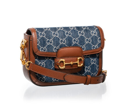 Gucci bag, Horsebit 1955 model in denim fabric with brown leather details. Milan, Italy, October 3_2025