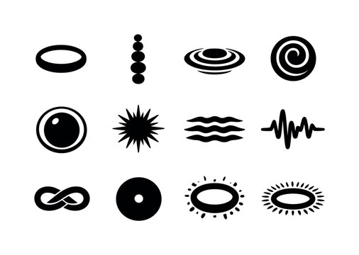 Energy Icon Set. Energy circles. Solid icon set of energy circles: aura ring, chakra circle, healing wave, energy spiral, protective bubble, radiant pulse,