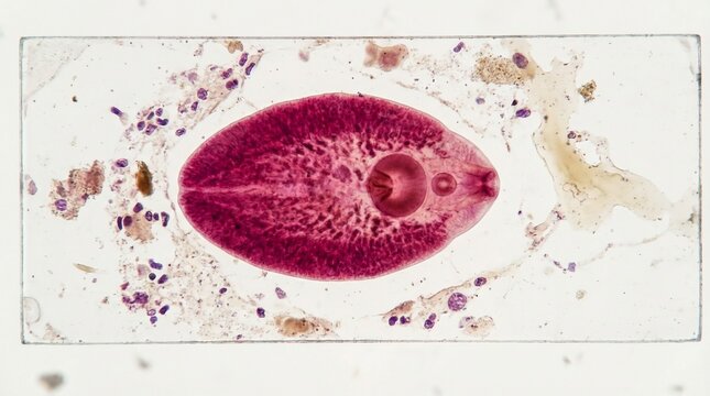 Microscopic view of a stained liver fluke specimen on slide