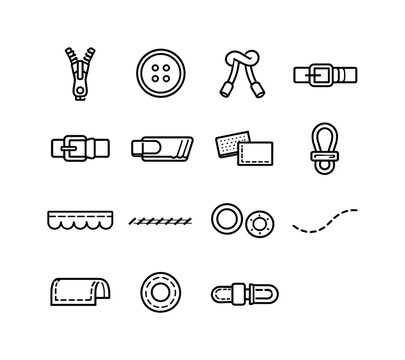Cover Accessory Icons. Cover accessories. Line icon set of Cover accessories: zipper, button, drawstring, strap, buckle, fastening clip, velcro tab, cover