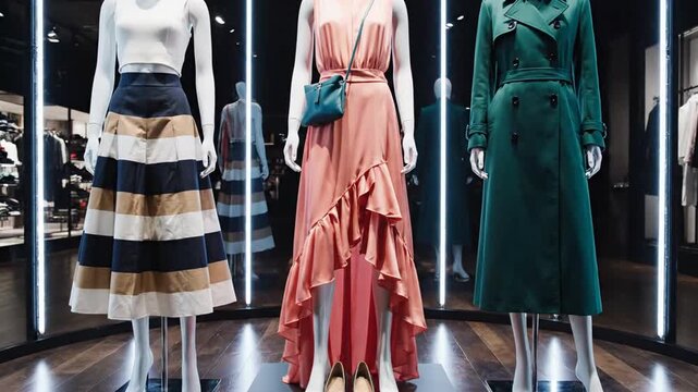 Fashionable mannequins displaying elegant dresses in a modern clothing store with sleek lighting and wooden flooring
