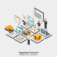 Obraz premium Isometric illustration of regulated framework for AI and stock operations.