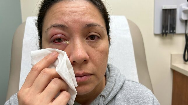 Woman with severe red eye infection holding tissue in clinic