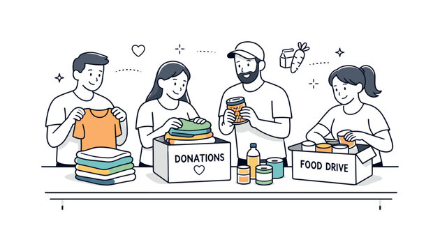 Organizing Donations Together. Volunteering teamwork. Volunteers organizing donations on a table, sorting clothes and food items calmly. Careful collaboration