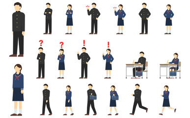 フラットイラスト：中学生セット(冬服)