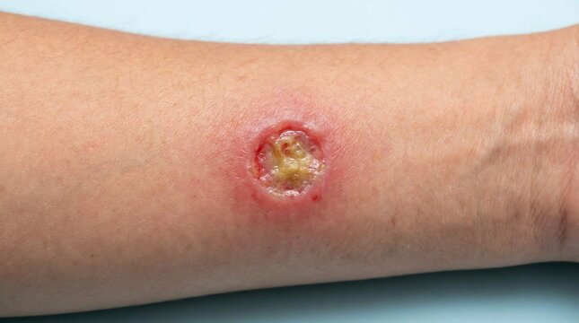 Infected skin ulcer on human forearm close up