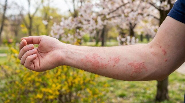 Red skin rash and allergic reaction on male arm