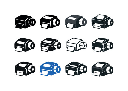 Shipping Printer Logos. Shipping label printer. Icon set. Set Logo of Shipping label printer: printer with label roll. harmonious logo variations of the same