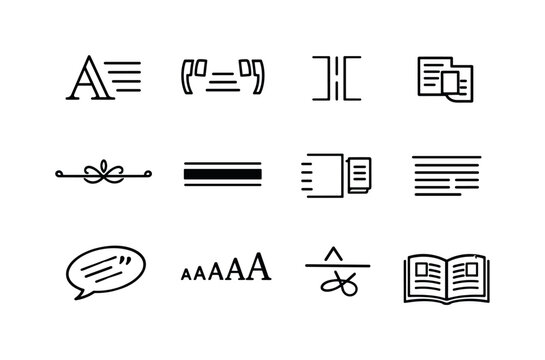 Editorial Typography Icons. Editorial typography. Line icon set of editorial typography: drop cap, pull quote, column break, text wrap, ornament divider,