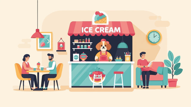A dog works at an ice cream stand while people enjoy treats and relax