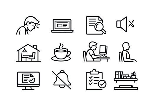 Focused Work Icons. Focused Work. Line icon set of Focused Work: concentrated person, laptop screen, document review, pen in hand, quiet environment, home