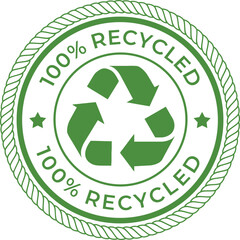 Isolated Green Round '100% RECYCLED' Stamp Badge with Recycling Symbol and Rope Border Vector