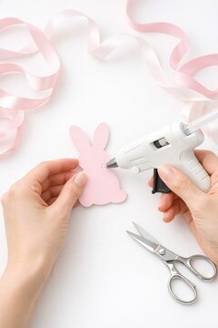 Hands applying hot glue to pink paper bunny cutout against white background. Creative DIY process for Easter decorations. Perfect for crafting blogs and holiday preparation guides.