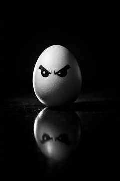 A single white egg with drawn angry eyes stands on a reflective dark surface. The dramatic lighting creates a mysterious and humorous mood. Perfect for creative conceptual projects.