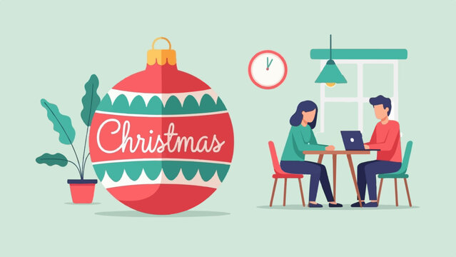 A festive Christmas ornament with a plant and two people working on laptops