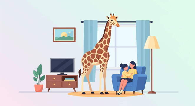 A large giraffe stands in a living room near a sofa with two people