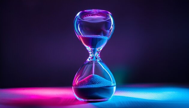Hourglass With Sand Flowing Illuminated By Vibrant Purple And Blue Neon Light Against A Dark Background