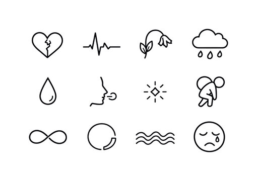 Inner Sadness Icons. Inner sadness symbols. Line icon set of Inner sadness symbols: cracked heart line, fading pulse, drooping flower, heavy cloud, solitary