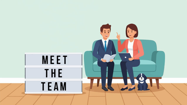 A man and woman in business attire sit on a couch with a dog, a laptop, and a lightbox
