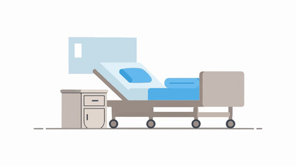 A hospital bed with a nightstand and headboard, depicted in a flat illustration style