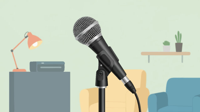 A modern interior scene with a microphone stand and seating