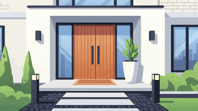 A modern house entrance with wooden double doors and a potted plant