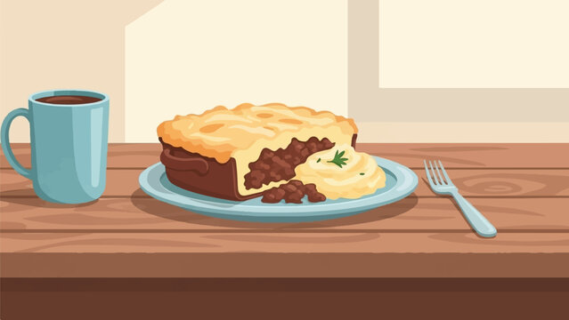 A mug of dark liquid sits beside a savory pie with mashed potatoes and a fork