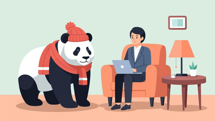 A panda in winter wear stands by a man working on a laptop in a cozy room © three