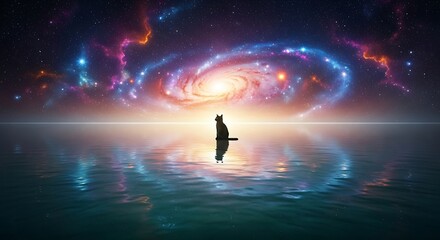 Obraz premium A black cat sits silhouetted against a vibrant cosmic nebula and reflective water surface