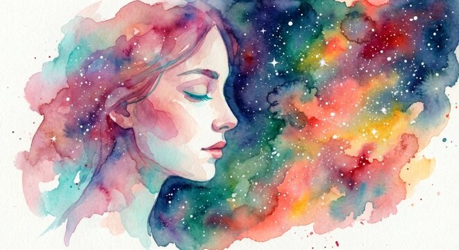Profilo di donna mistica in stile acquerello astratto