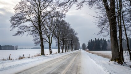 Snowfall on a straight road.