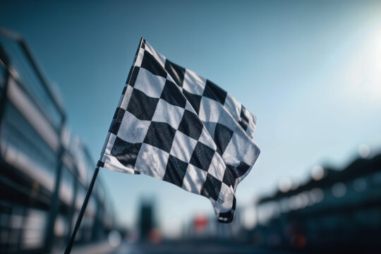 Line Finish Checkered Flag Waving Triumphantly at a Sunlit Race