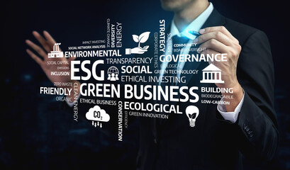A business professional illustrates key concepts related to ESG and green business, integrating...