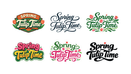 Fototapeta premium Spring Tulip Lettering Grid. Spring tulip time lettering. Set lettering. harmonious lettering variations of the same emblematic concept, each with different
