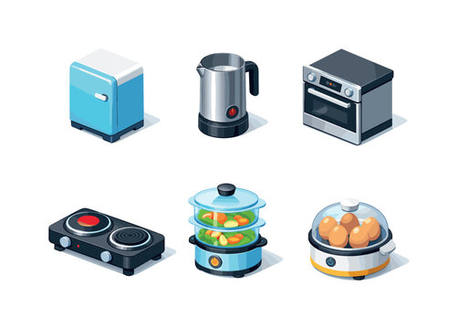 Colorful Kitchen Icons. Kitchen Appliances. Isometric flat vector icons set of Kitchen Appliances: mini fridge, milk frother, built-in oven, double burner