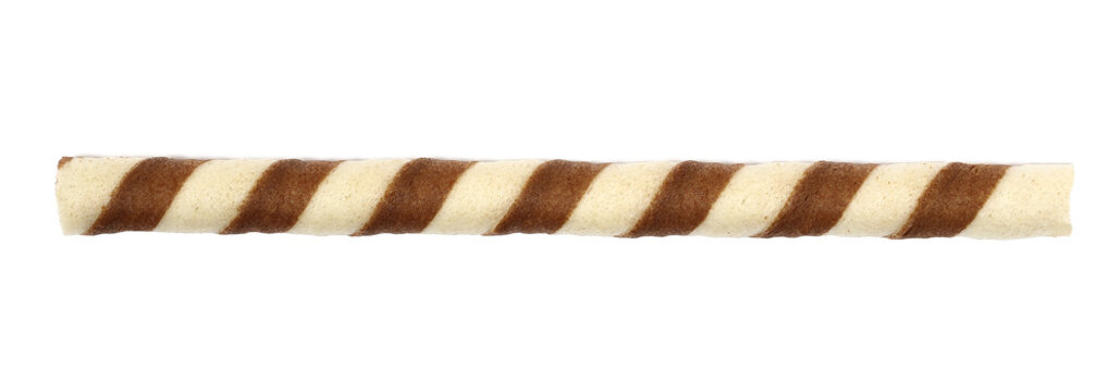 Wafer cookie stick with cocoa cream isolated on white background, top view