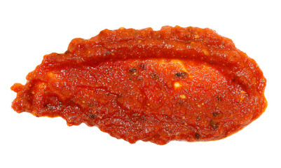 Naklejka premium Tomato sauce with ricotta cheese spread isolated on white background, clipping path, top view