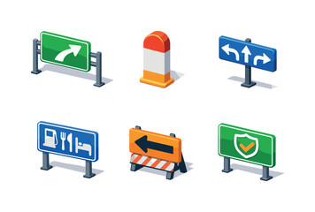 Colorful Road Sign Icons. Road Navigation. Isometric flat vector icons set of Road Navigation: motorway exit sign, distance marker sign, junction direction