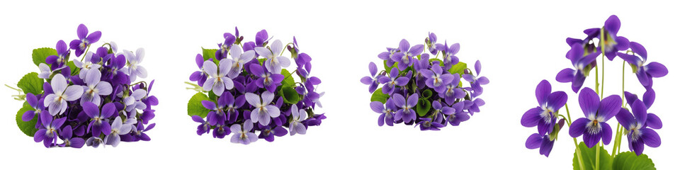 Set of Violet Flower Arrangements with Bouquets and Individual Blossoms, Isolated on White Background Oil Paint PNG