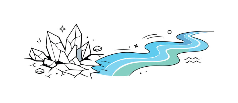 Frozen River Transition. Breaking ice. Abstract river shapes where sharp frozen forms gradually turn into smooth flowing lines. Calm metaphor of transition