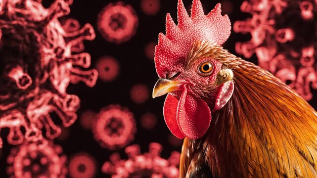 Close-up of a chicken facing camera with virus cells surrounding it in a dark environment