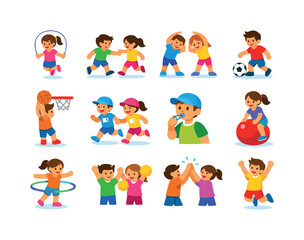 Fototapeta premium Active Kids Icons. Active kids. Colorful flat vector icons set of Active kids: skipping child, tag game, team warm-up, soccer dribble, basketball shoot, fun