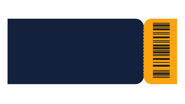 Deep navy blue ticket with rounded corners and bright orange perforated stub featuring a black barcode, isolated on white