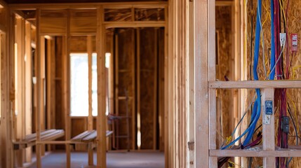 Interior construction site with exposed wooden framing and wiring