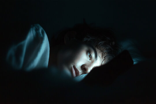Teenager lying awake in bed at night, illuminated by smartphone screen under a blanket. Concept of late night screen time, digital habits, sleep disruption, and modern lifestyle.