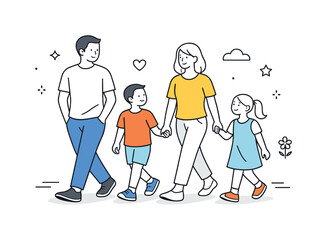 Family Stroll Scene. Family walk. Parents and children walking together side by side in a relaxed rhythm. Warm everyday moment and calm family connection.