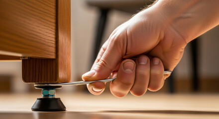 Close-up of a person's hand using a wrench to adjust the leveling foot of a wooden furniture piece, ensuring stability and balance on a polished floor